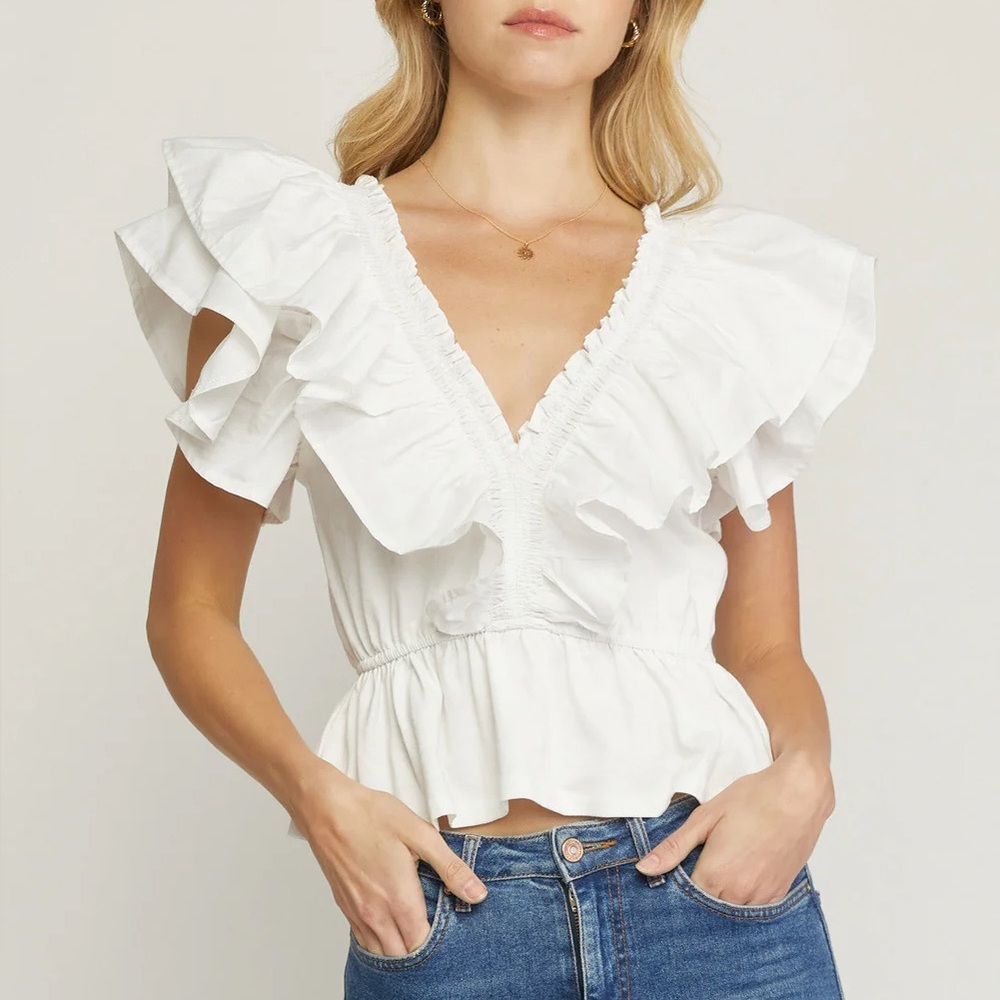 Woven Ruffle V-Neck Peplum Blouse - White